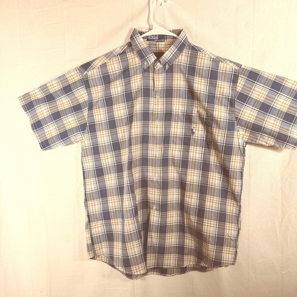 Polo Ralph Lauren Short Sleeve Button Down Blue Plaid Cotton Shirt Men Size XL